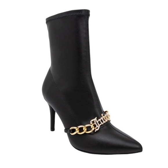 JUICY COUTURE Bling Logo Vegan Pointed Toe Black Chelsea Slim Heel Booties NWT - Picture 4 of 14